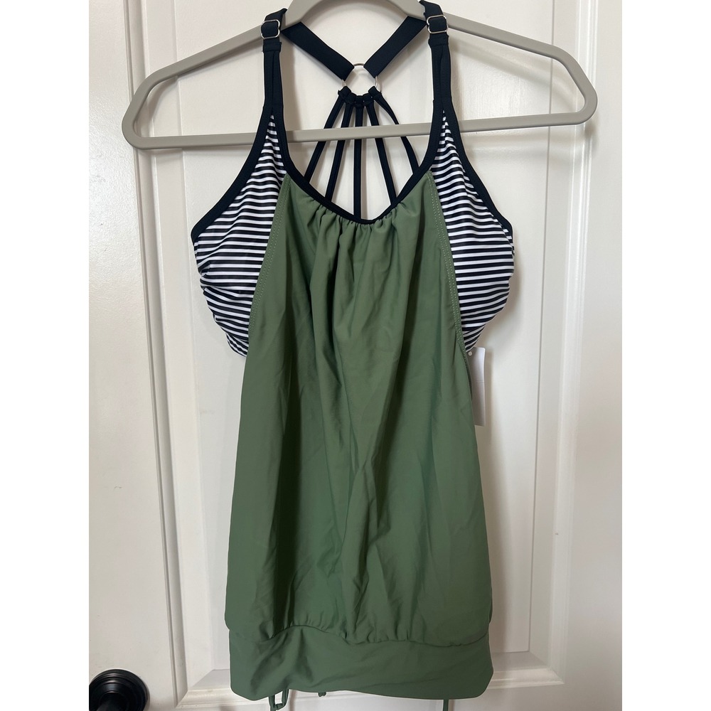Holipick Striped Layered Blouson Tankini Top Olive Green Strappy Back